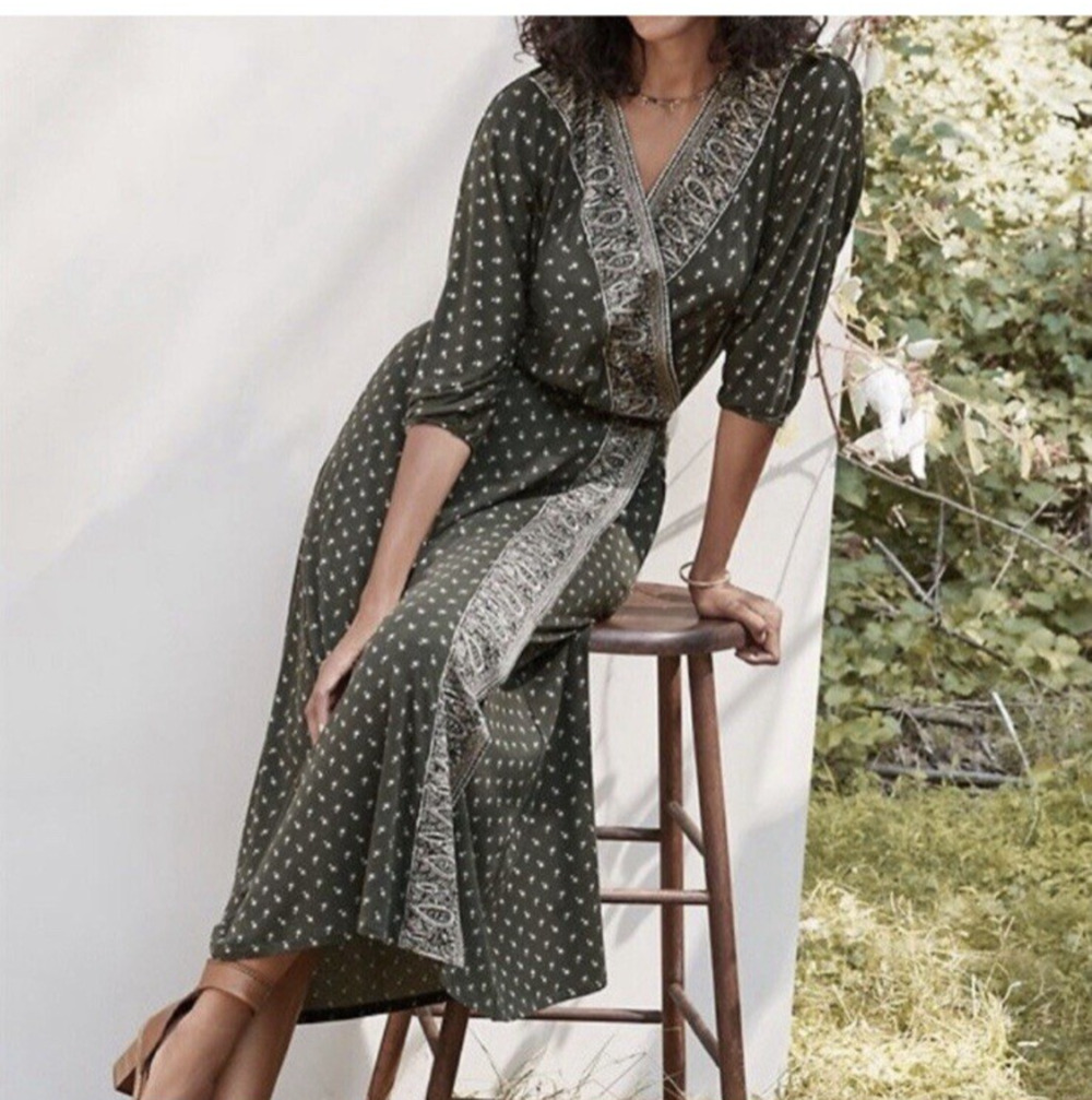 Garnet Hill Dress Women's Large NEW Faux Wrap Stretch Knit Bohemian Casual Maxi